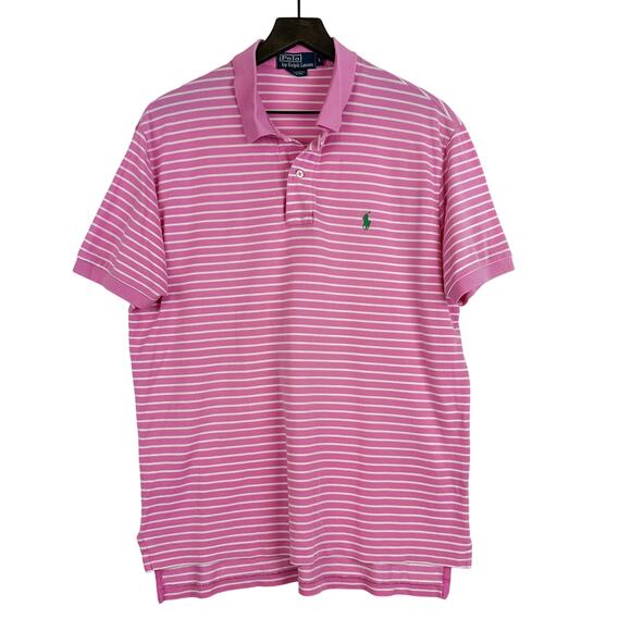Polo Ralph Lauren Pink Stripe Pima Cotton Polo Shirt SS Mens - Size L - Picture 1 of 8